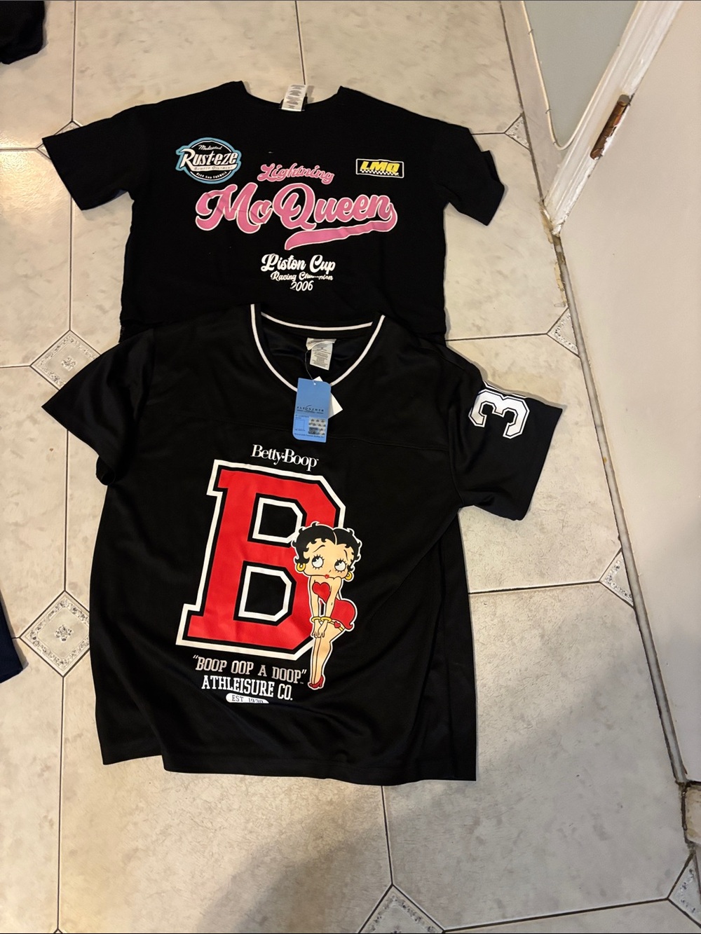 Betty Boop Black Jersey Top with Red 'B' Graphic and Pink Accents